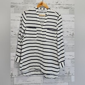 Zara Striped Linen Button Front Shirt Small Blue White Long Sleeves Coastal